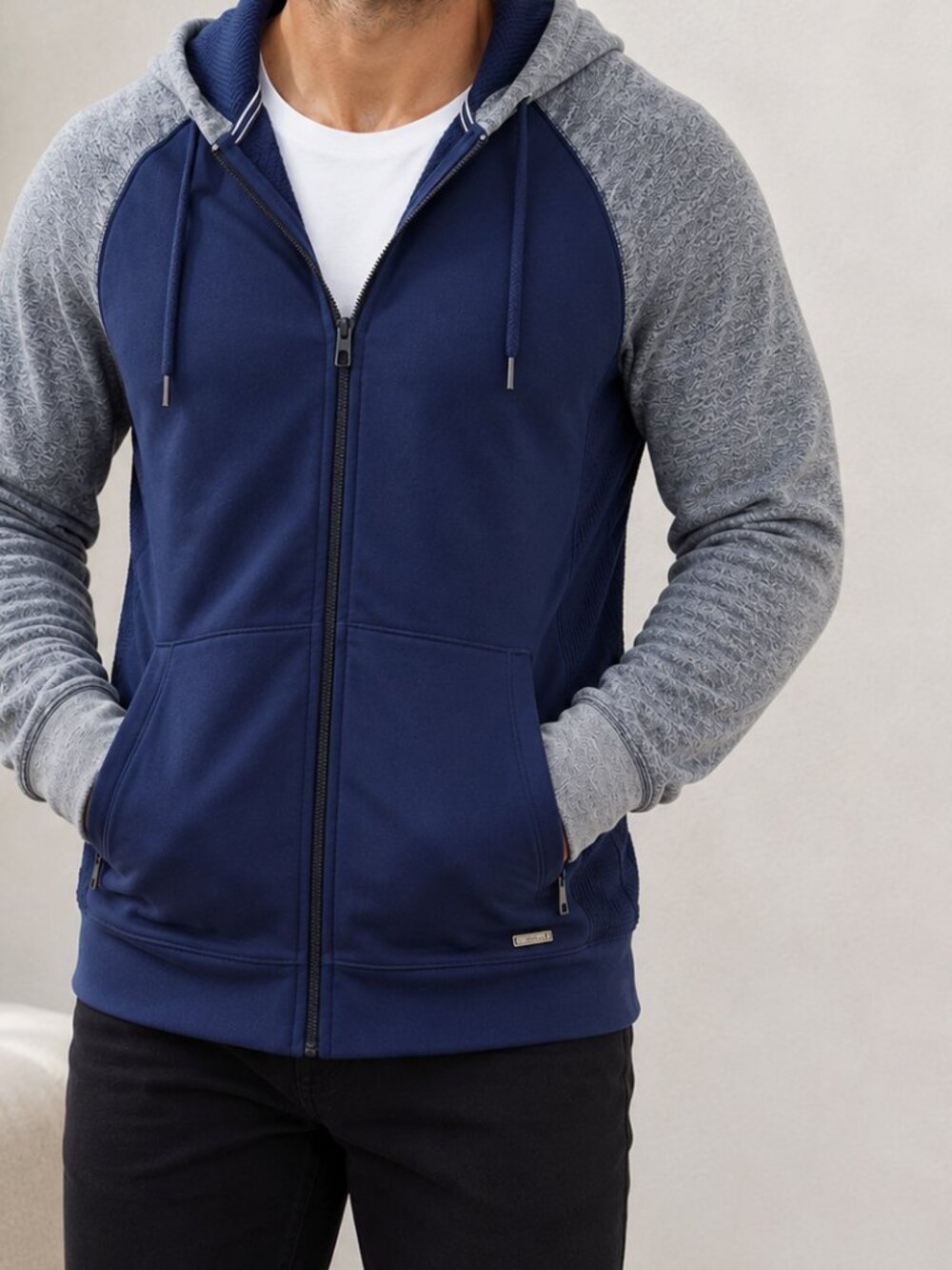 Express EXP NYC men's colorblock raglan zip-up fleece hoodie featuring a navy bl